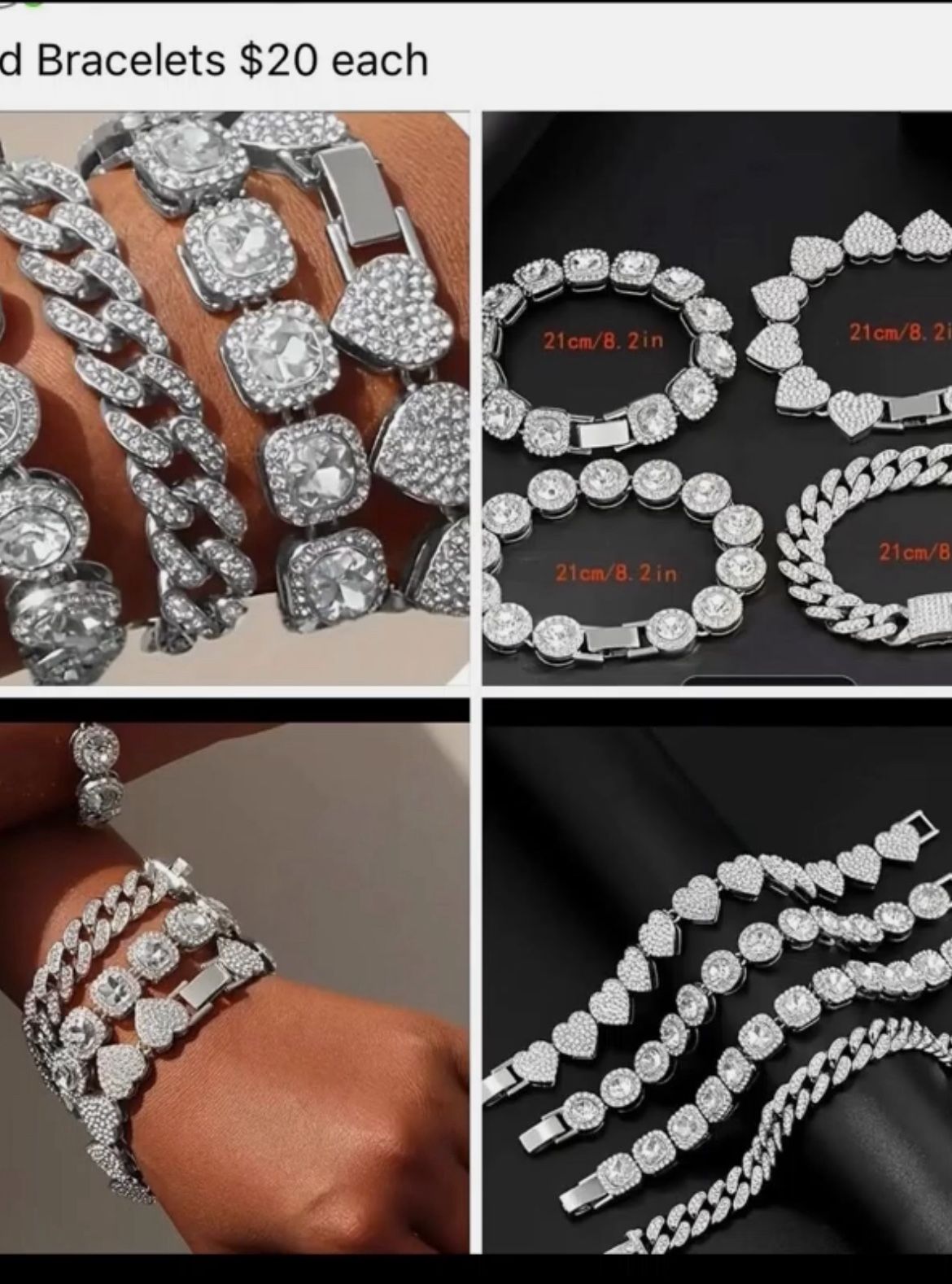 Bold bracelets, lots of bling $20 each also in gold