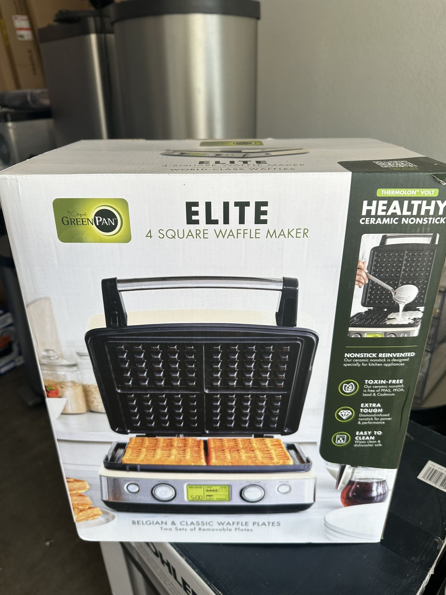 GreenPan Elite 4-Square Belgian & Classic Waffle Iron, Healthy Ceramic Nonstick Aluminum Dishwasher Safe Plates, Adjustable Shade/Crunch Control, Wont