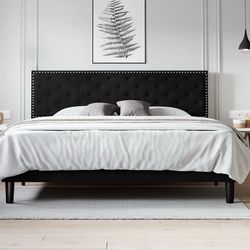 King Size Bed Frame, Velvet Upholstered Platform Bed with Adjustable Diamond Button Tufted & Nailhead Trim Headboard, Teal Blue