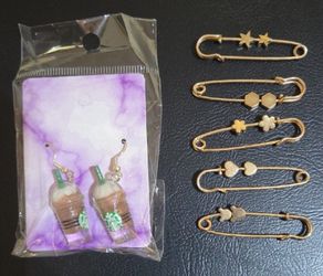 Starbucks Frappuccino Drop Earrings with Gold Tone Safety Pin Charms