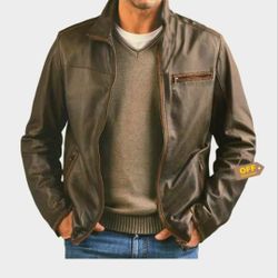 Leather Zipper Jacket Brown Size L