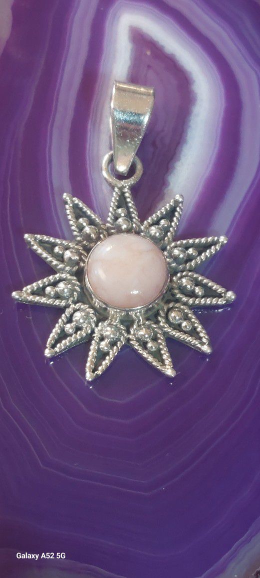 Stunning Pink Opal Sterling Silver Sunburst Pendant 