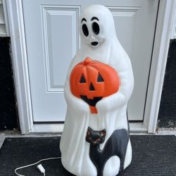 VINTAGE EMPIRE ILLUMINATED HALLOWEEN GHOST PUMPKIN BLACK CAT BLOW MOLD 34”