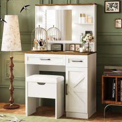 Farmhouse Makeup Vanity Desk with Mirror and Lights, 3 Lighting Modes, Vanity Set with Stool, Dressing Table with Adjustable Shelves,2 Drawers and Sid