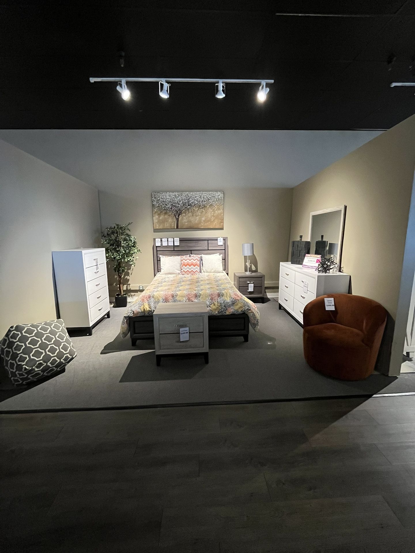 Grey Queen Bed, Dresser, Mirror And One Nightstand