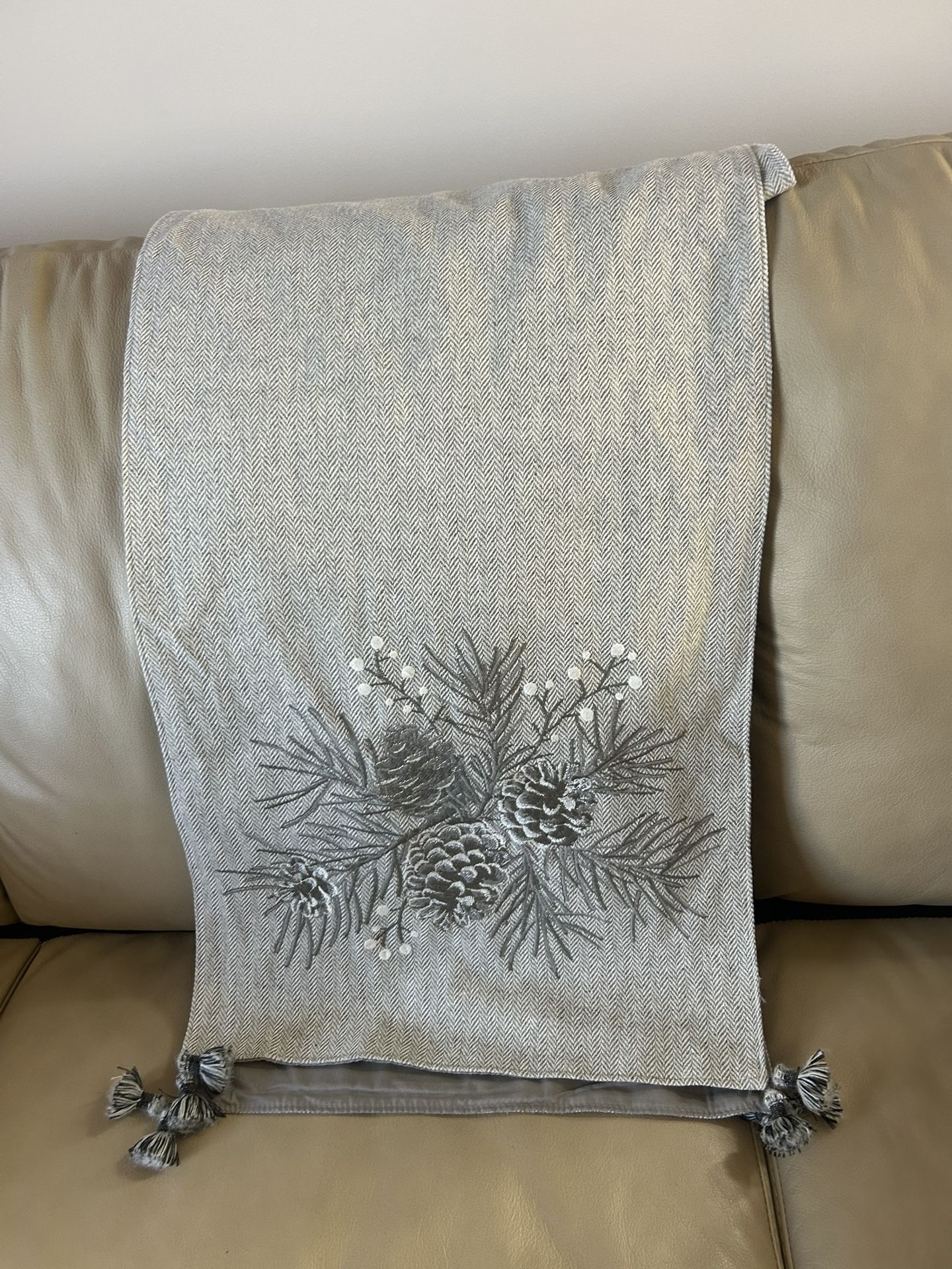 Table Runner 85 1/2” Silver Pinecones Grey And White