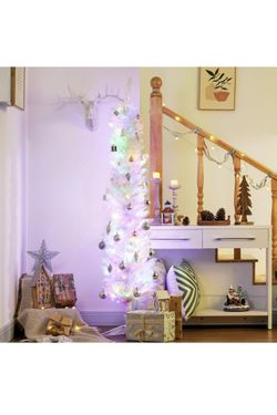 HOMCOM 6ft Tall Pencil Prelit Artificial Christmas Tree Holiday Décor with 360 Colorful Surface Branches, 200 Colorful LED Lights, White