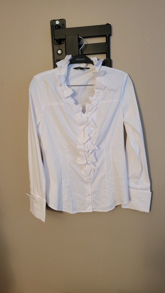 Express Crisp White Ruffle Front Blouse