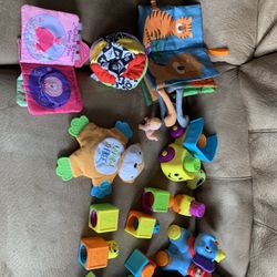 Collection Of Baby Toys- Crinkle, Rolling Dumbo, Dump Truck And Blocks, Books