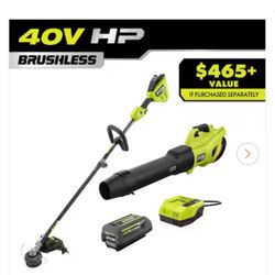 RYOBI 40V HP Brushless 650 CFM 160 MPH Cordless Leaf Blower and Carbon Fiber String Trimmer with 4Ah Battery and Charger