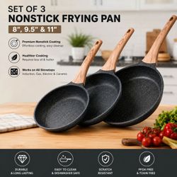 Set of  3  Nonstick Frying Pan, 8", 9.5" & 11" ; Induction Compatible.