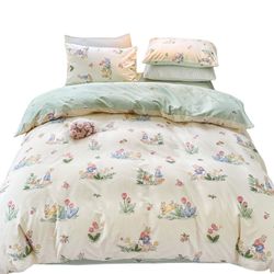 New Twin Cotton Duvet Cover Set 2Pcs Cartoon Bunny Kids Garden Comforter Cover Pillowcase Soft Breathable Comfy