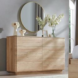 E97 $170 2box e97-1、e97-2 Modern 6 Drawer Dresser for Bedroom, Farmhouse 52" Wide Dresser TV Stand with Large Drawers, Natural Texture, Curved Angle f