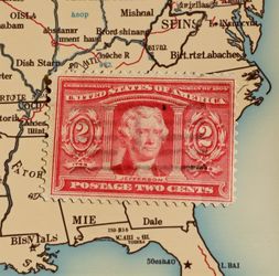 1904 Scott # 324 Thomas Jefferson, Louisiana Purchase Carmine 2-Cent Stamp Post Marked Canceled. The image is of a 2-cent United States postage stamp 
