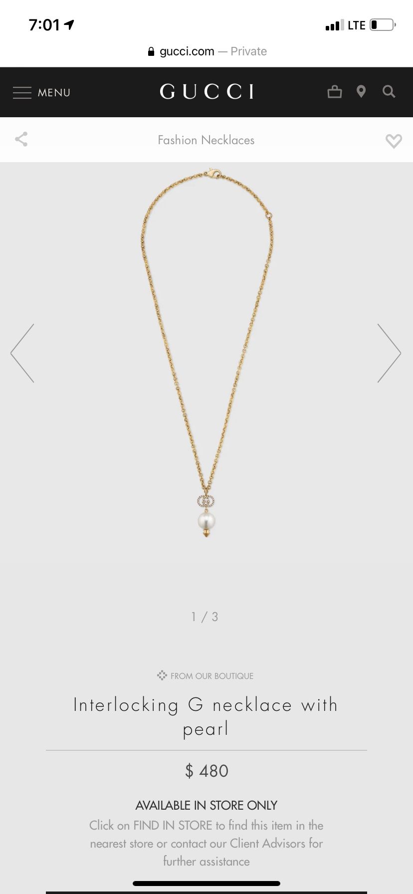 New Gold Gucci Interlocking G necklace with pearl