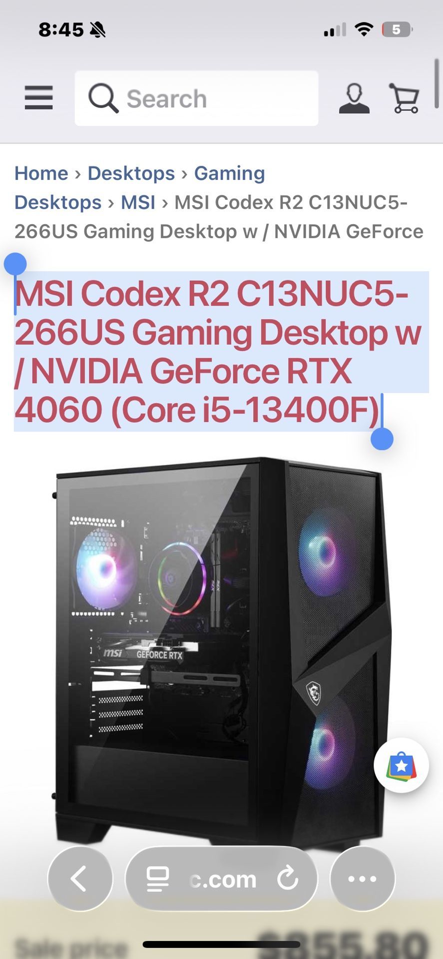 MSI Codex R2 C13NUC5-266US Gaming Desktop w / NVIDIA GeForce RTX 4060 (Core i5-13400F) 