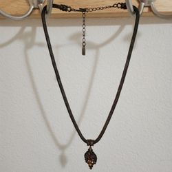 18” Vintage Bronze Necklace With Amber Pendant 