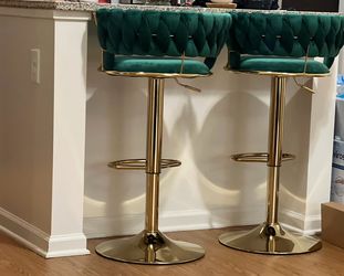 Two emerald velvet modern round adjustable bar stools