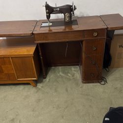 Antique Domestic Sewing Machine In Cabinet