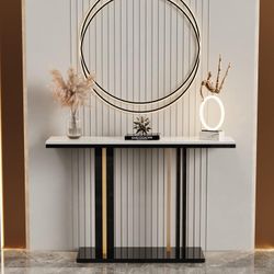 Console Entry Table: Luxurious Console Entryway Table with Sintered Stone with Metal Frame for Foyer Decor, Living Room Sofa Side Table (White)