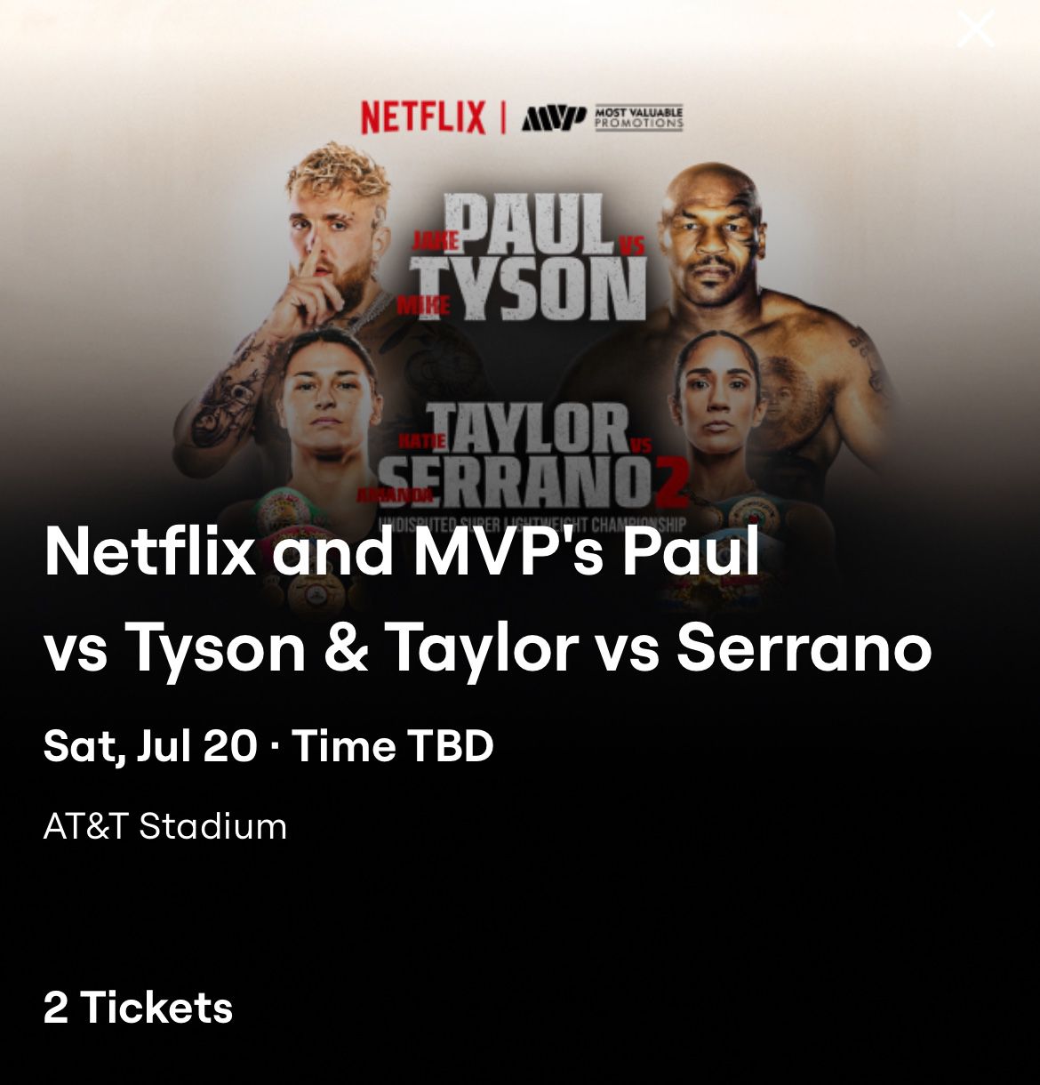 Paul Vs Tyson Fight Tickets, Great View In Section 122 (Hall Of Fame Level)