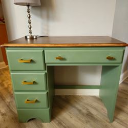 Real Wood Desk, Sage Green with Brushed Brass Handles