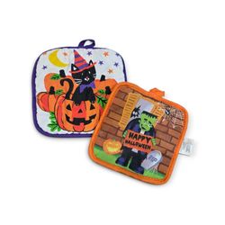 VTG Halloween Cotton Pot Holder Set Black Cat Frankenstein Pumpkins Kitchen 2pc