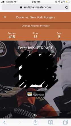 Anaheim Ducks vs New York Rangers 11/1/18 2 Tickets