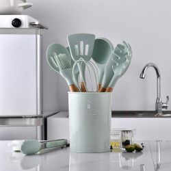 Silicone Kitchen Utensils Set - 9 Piece Natural Wood Handle Cooking Tools Turner Tongs Spatula Spoon for Non-Stick Cookware (Mint Green)