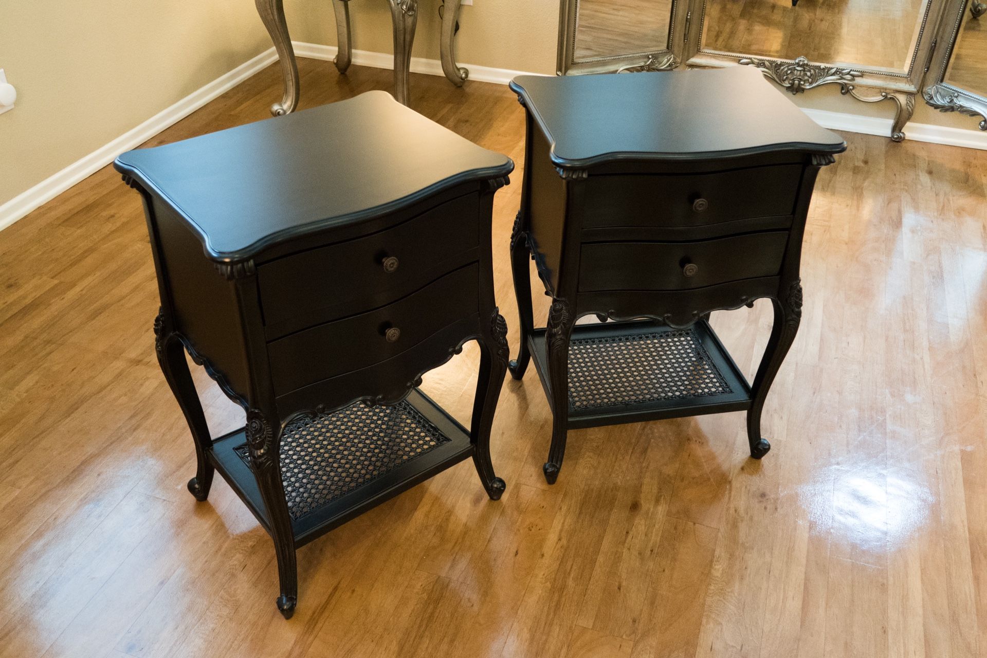 Set of 2 - Black French Rattan Side Tables Hollywood Regency Shabby Chic