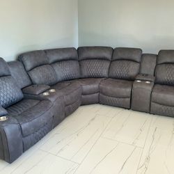 Grey Sectional Sofa with Power Reclining Seats