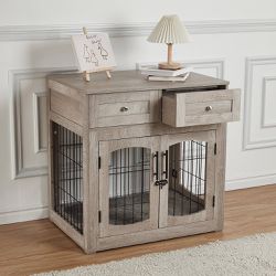 Dog Crate Furniture with Cushion,Wooden Dog Kennels Indoor with 2 Drawers,Dog Furniture Crate End Table with Storage