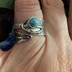 New Thick Rhodium Band w/Turquoise Stone - Size 6