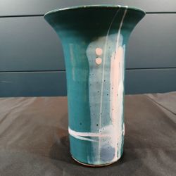 Vintage Teal Pink Splash Stoneware Pottery Handmade Retro Vase