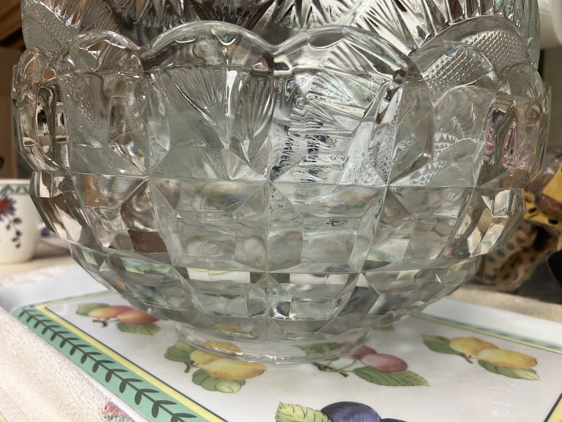 Beautiful Vintage Tiffin Square Diamond Beveled Block Waffle Pressed Glass Punch Bowl Set