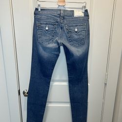 True Religion Women's Light Blue Skinny Jeans with Diamond Buttons Size 29