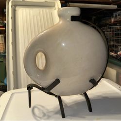 Vintage and Rare Late 20th Century Ceramic Vase with Cast Iron Metal Stand 