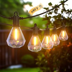 Outdoor String Lights 48 FT LED Patio Lights with 24 Shatterproof Unique Diamond Edison Bulbs Warm White 2700K Dimmable IP65 Waterproof Outside Hangin