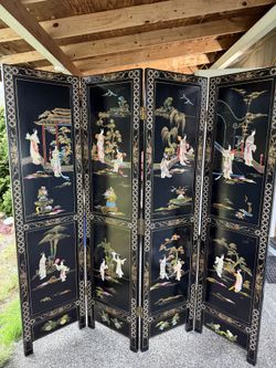Vintage Chinese Lacquer Room Divider: Mother of Pearl, Hand-Painted Both Sides