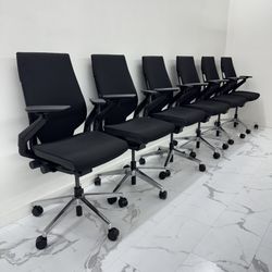LIKE NEW CONDITION STEELCASE GESTURE CHAIR, BLACK FABRIC WITH POLISHED ALUMINUM BASE, FULLY LOADED WITH LUMBAR SUPPORT