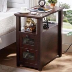 Open Box HDDDZSWFarmhouse XXL End Table with Charging Station, Narrow Side Table with USB Ports and Outlets, Nightstand with 2 Drawers Storage, Bedsid