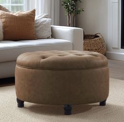 Dimitrika 30'W Faux Leather Tufted Round Storage Ottoman Brown