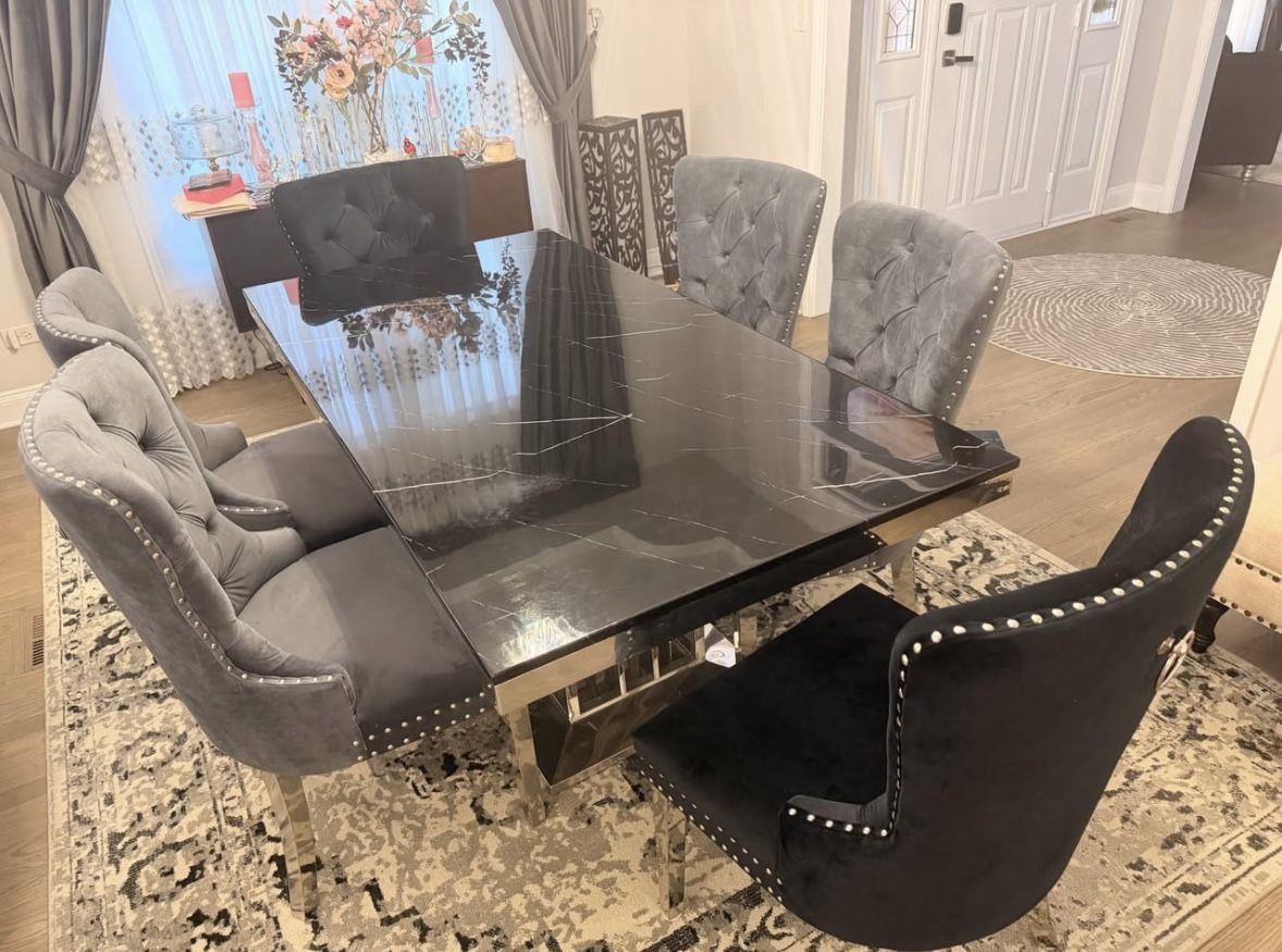 Luxury Black & Gray Velvet Dining Table Set
