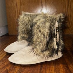 Vintage Y2K Faux Fur Trim Ankle Boots Tan Suede Cozy Slippers