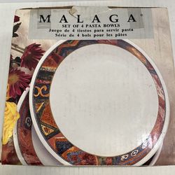 Vintage  1995 set of Malaga pasta bowls produced by Sakura, featuring a discontinued pattern designed by Sue Zipkin