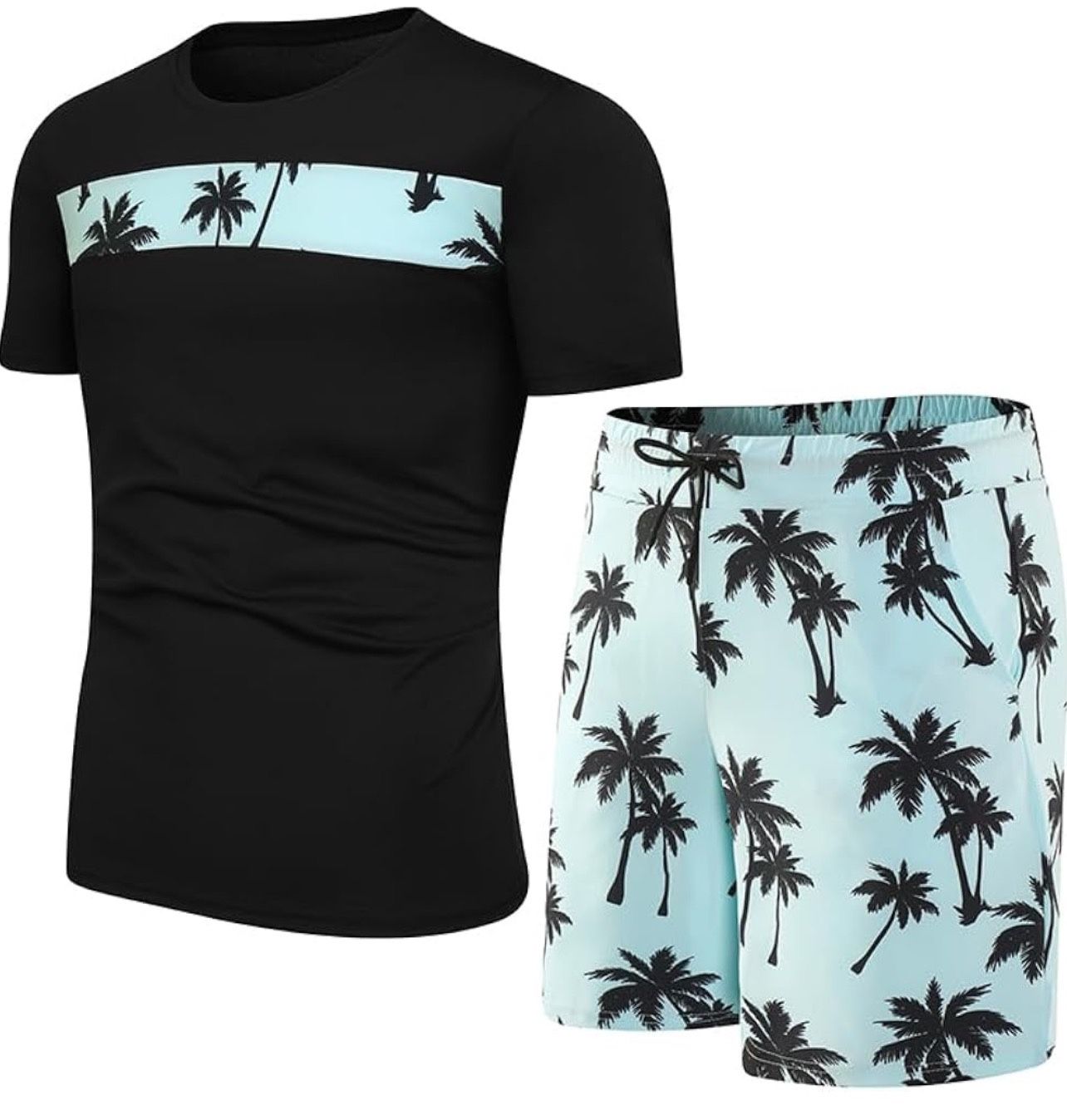 xl size Men's Hawaiian Tropical Print T-Shirt and Drawstring Shorts Set, Summer Beach Casual Wear, 2 Pieces