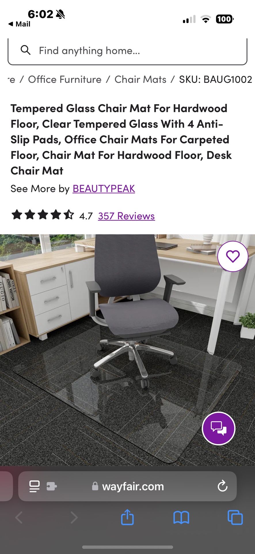 Easly 46" x 55" Chair Mat for Carpet - Office Chair Mat - Tempered Glass Floor Mat for Home/Office