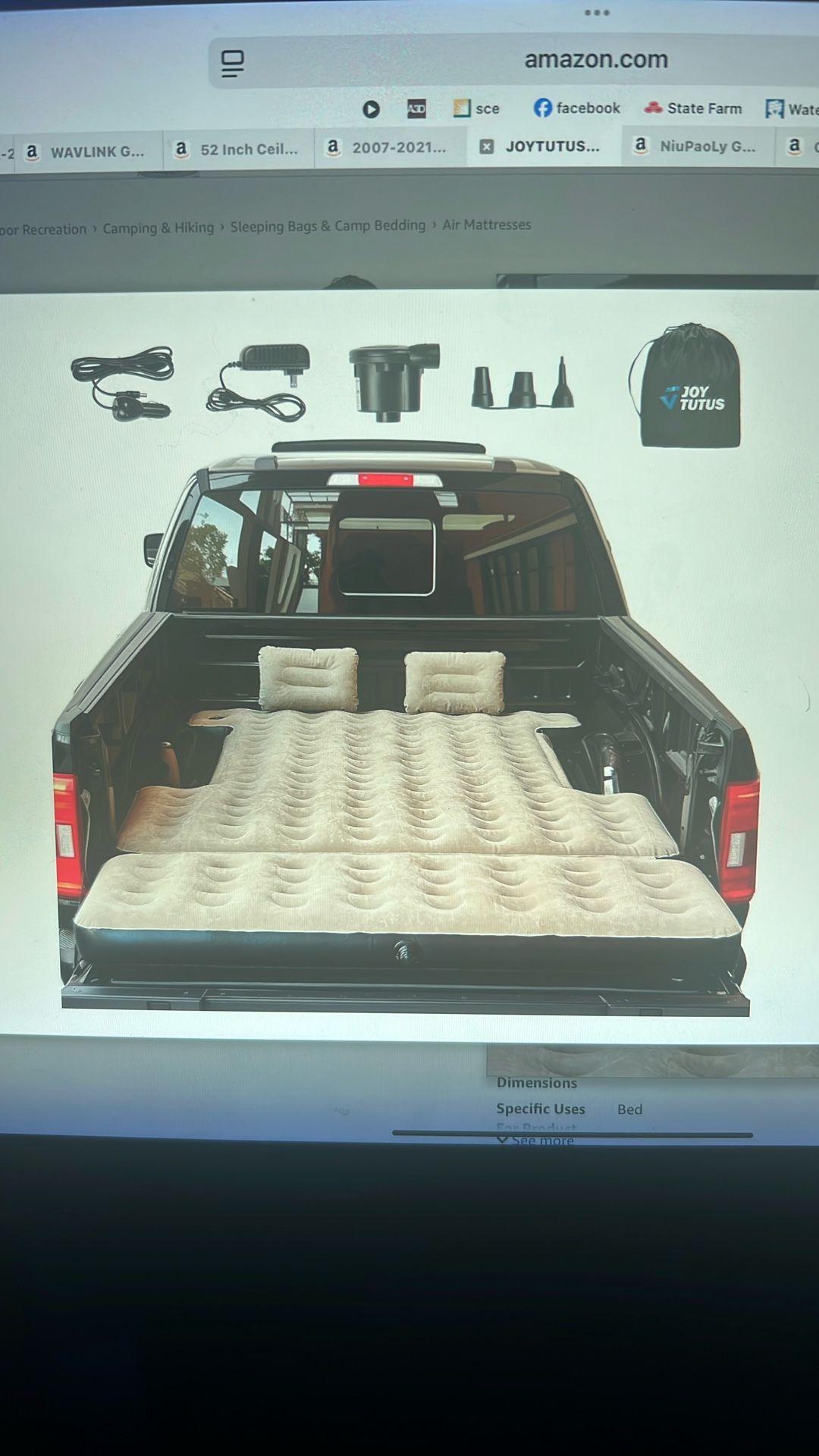 NEW 6.0-6.5Ft Truck Bed Air Mattress. W/Removable Extension, Thickened Inflatable Full Size Regular Truck Beds,w/Air Pump&2 Pillows, Camel&Black