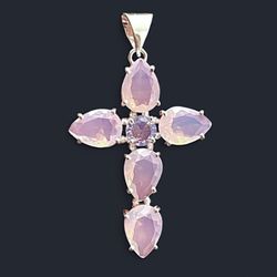 Pink Opalite Crystal Silver Cross 2.5” Pendant