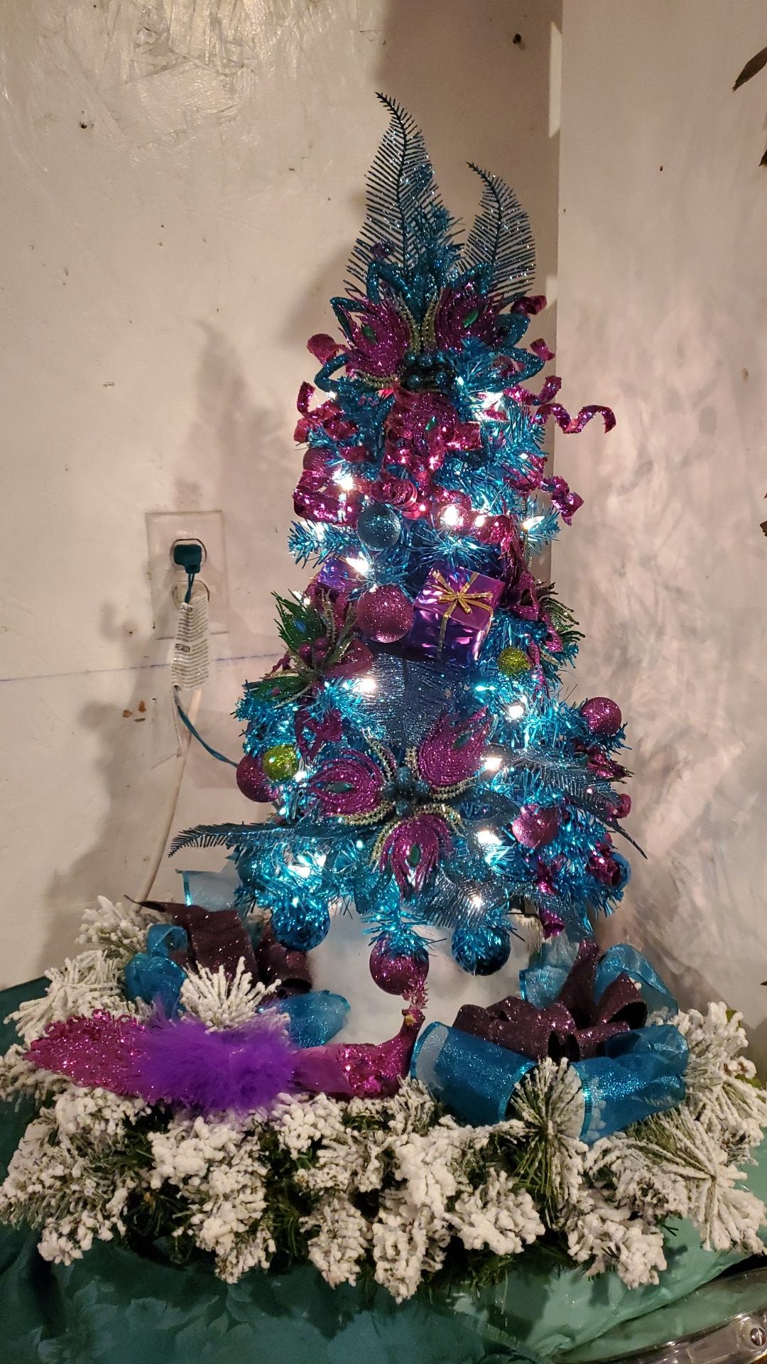Teal & Purple Christmas Tree & Peacock Centerpiece New, Made at Curtis Country 30"